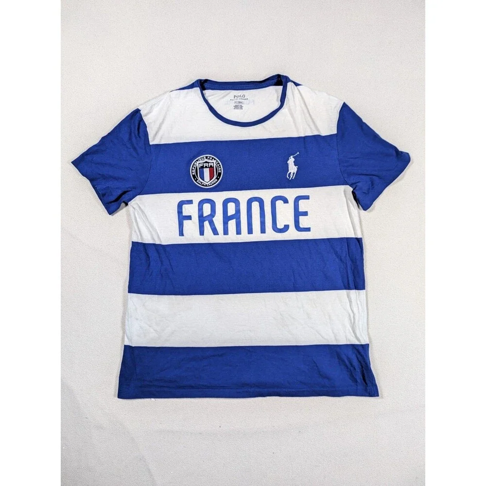 Polo Ralph Lauren France Blue/White Striped T-Shirt Big Pony Logo Men's Medium